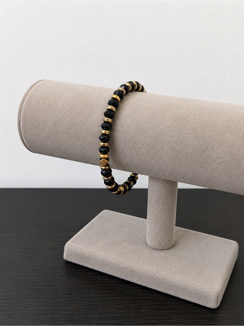 Black and Gold Beaded Stretch Bracelet